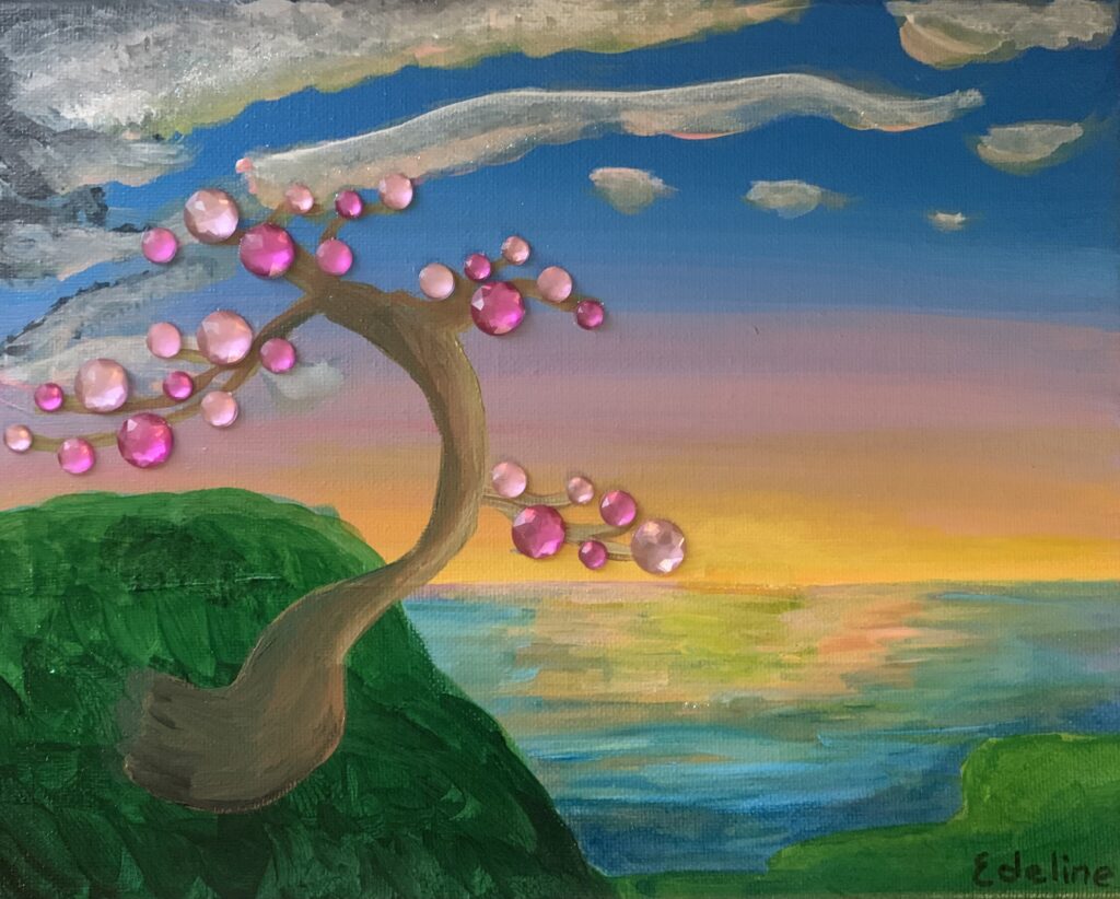 whimsical pseudo-abstract scene of a tree with pink rhinestone leaves in the foreground and the sun rising over water in the background