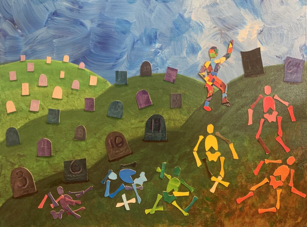 acrylic and collage painting of a whimsical graveyard scene; skeletons underground are in different colors, alive human figure is a combination of those colors