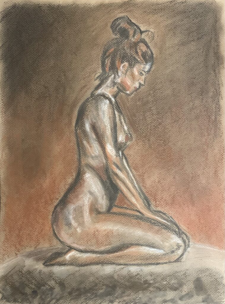 Charcoal and pastel drawing of a woman kneeling in orange and greyscale tones