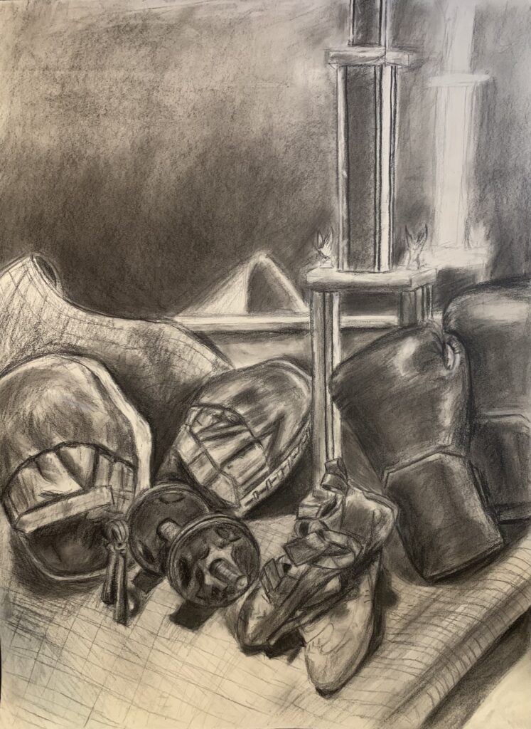 greyscale graphite drawing of a "sports and fitness" themed still life with boxing gloves, a weight, climbing shoes, and a trophy