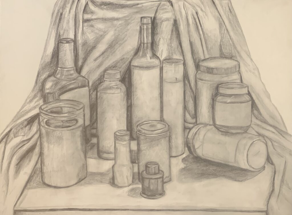 graphite drawing of a still life of various sizes of bottles