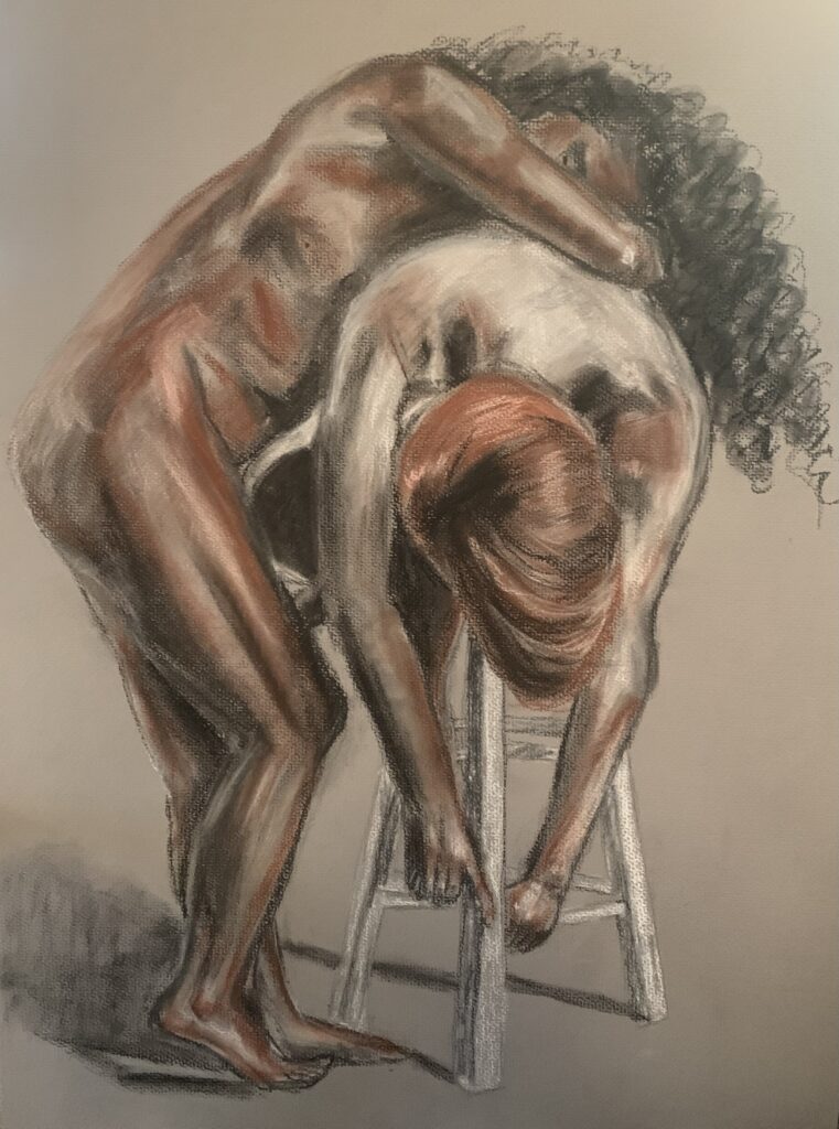 Charcoal and pastel drawing of a woman leaning over a woman who's leaning over a stool in orange and greyscale tones